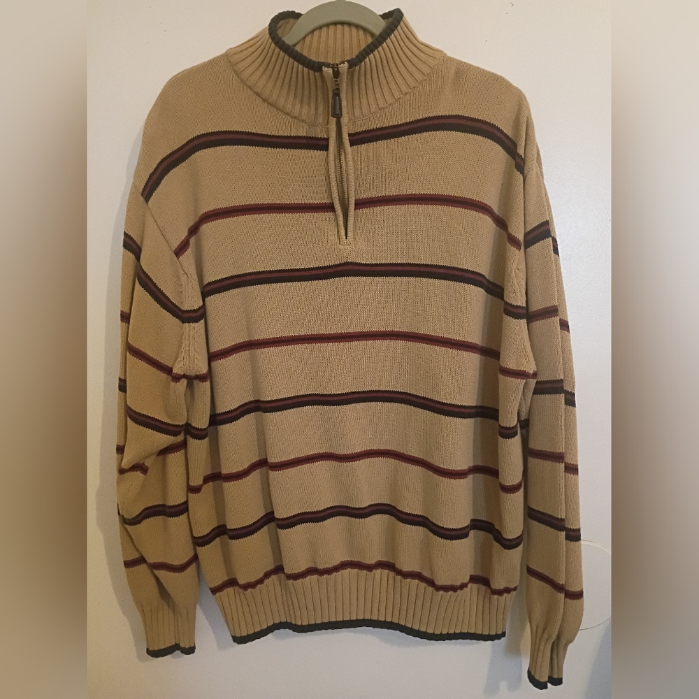VTG‎ Thomas London Men's Tan and Striped  Quarter Zip Sweater 100% Cotton Sz XXL